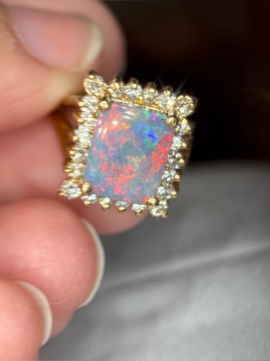 Jewelry - Lightning Ridge Black Opal and 14k Gold Opal Halo Ring - Iridescent
